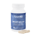 Blue supplement bottle with white capsules against a transparent background.
