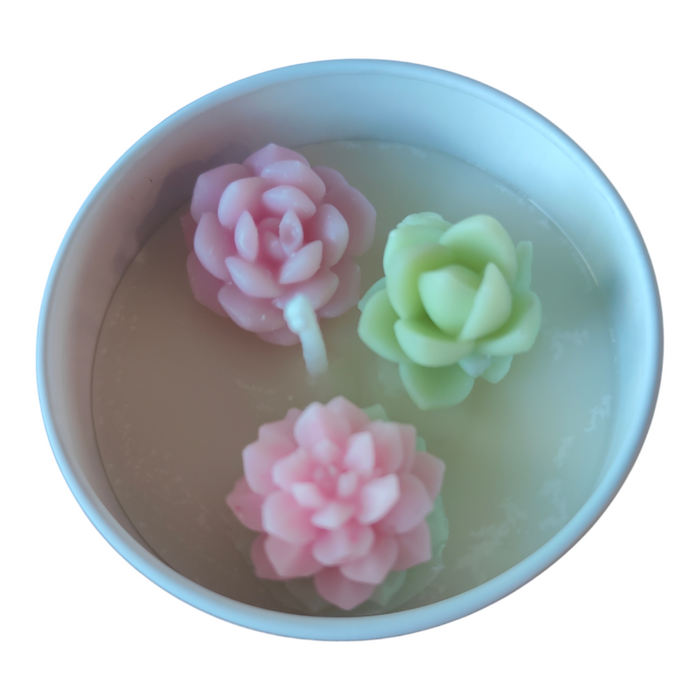 Succulent Candles in Tin Tray - Handmade, featuring rose-shaped wax designs.