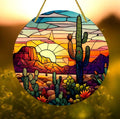Sunset Cactus Suncatcher with desert scene and cacti.