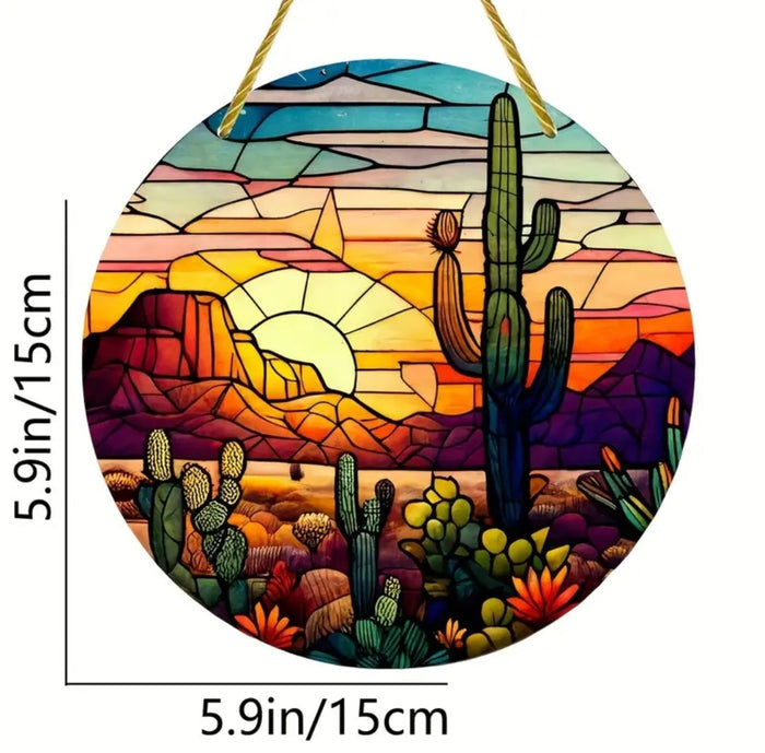 Sunset Cactus Suncatcher with desert scene and saguaro cactus.