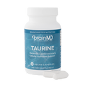 Supplement bottle labeled 'Taurine' by BrainMD with capsules laying in front of it.
