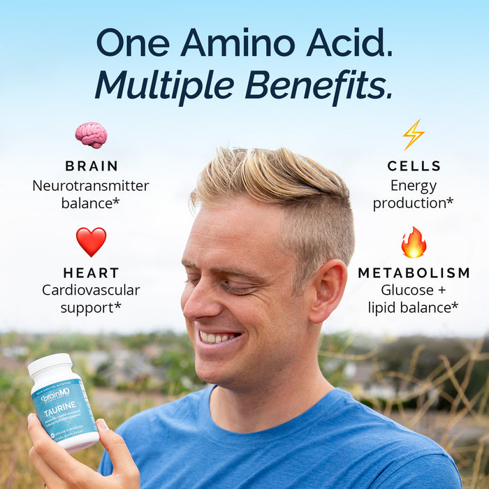 Man holding a supplement bottle with text about Taurine amino acid benefits on a blue sky background