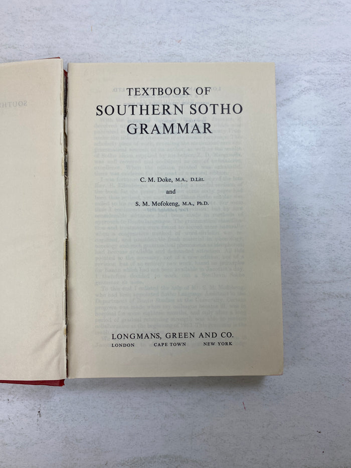 Textbook of Southern Sotho Grammar by Doke/Mofokeng Ex-library 1957 HC