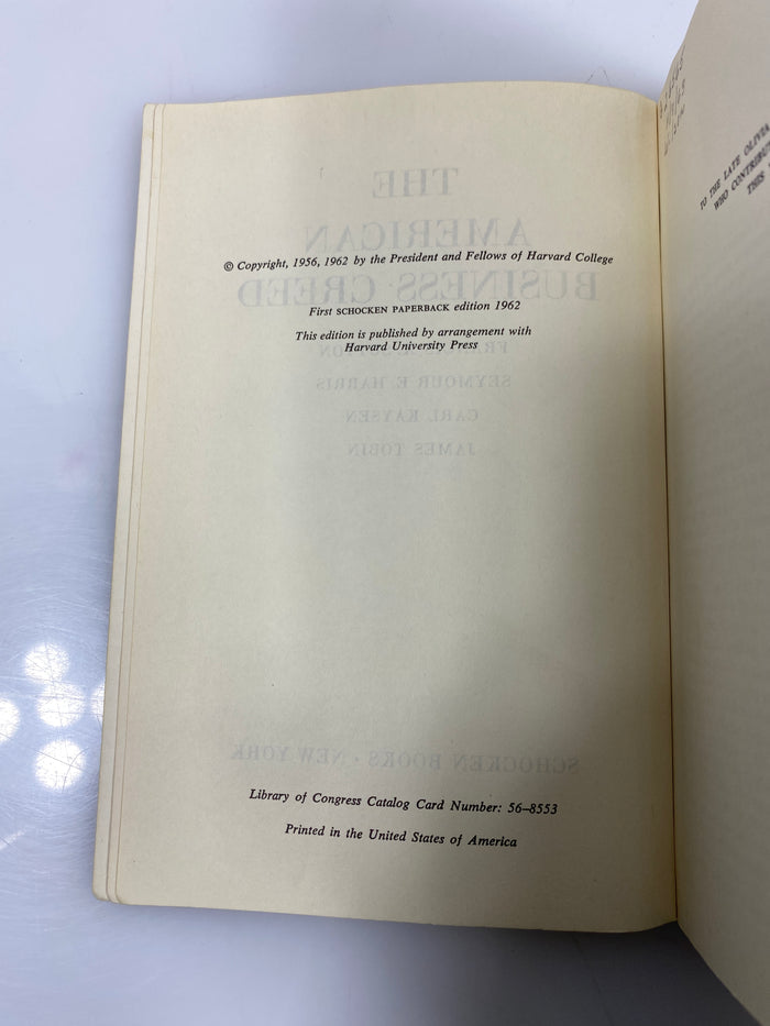 The American Business Creed Sutton/Harris/Kaysen/Tobin Ex-library 1962 HC