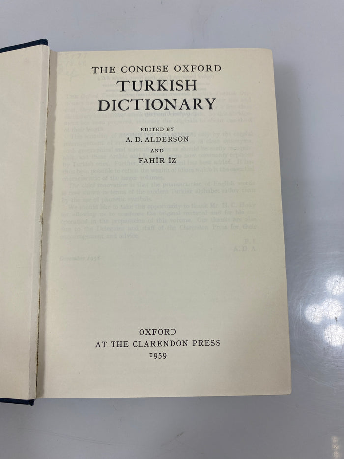 The Concise Oxford Turkish Dictionary by Alderson/Iz Ex-library 1959 HC