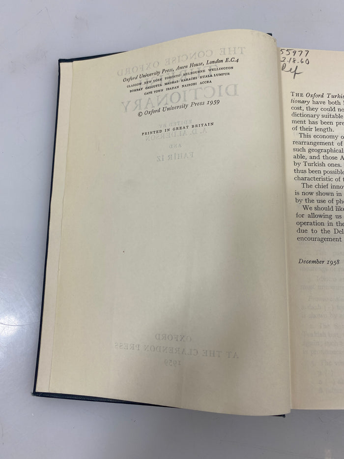 The Concise Oxford Turkish Dictionary by Alderson/Iz Ex-library 1959 HC