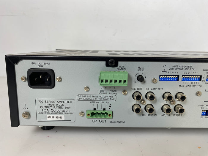 Toa Electronics A-706 9-Channel Integrated Amplifier (60W) *Powers On Only*