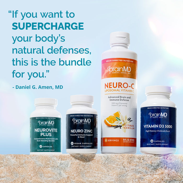 BrainMD Total Immune Health Bundle: infographic, 4 supplement bottles next to a quote against a blue-sky background