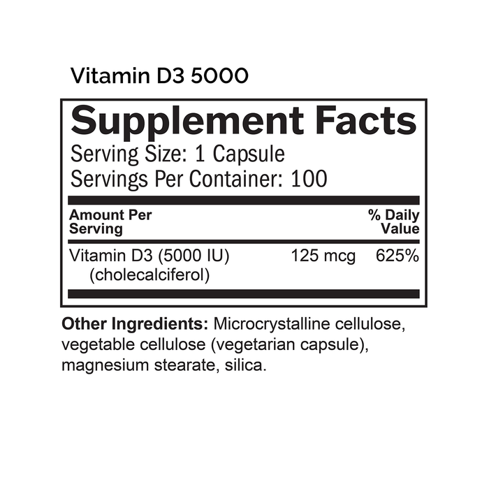Supplement Facts box listing ingredient for Vitamin D3 5000.