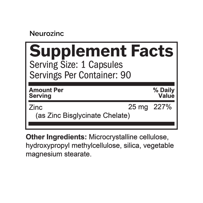 Supplement Facts box listing ingredient for Neuro Zinc.