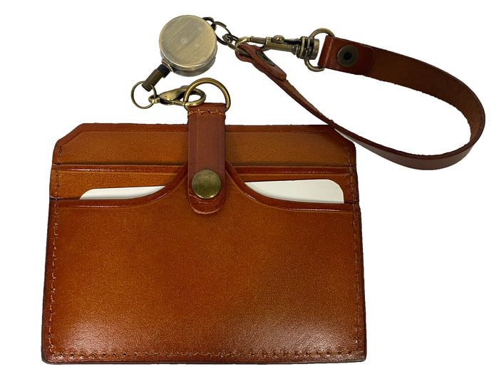Vegetable Tanned Leather ID Badge Holder Featuring a Retractable Reel and Matching Leather Strap