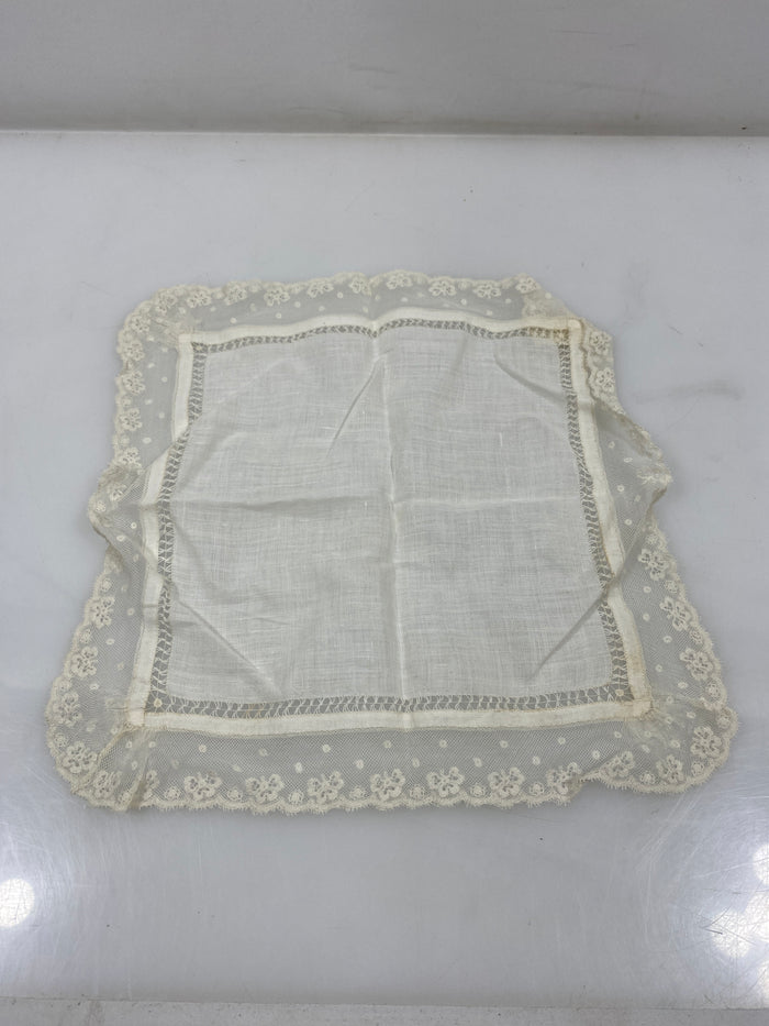 Vintage 1900s Sheer White Handkerchief with Floral Lace Border