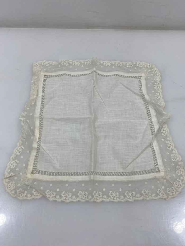 Vintage 1900s Sheer White Handkerchief with Floral Lace Border