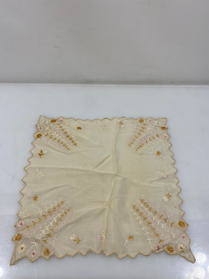 Vintage 1900s Tan Sheer Handkerchief with Floral Embroidery