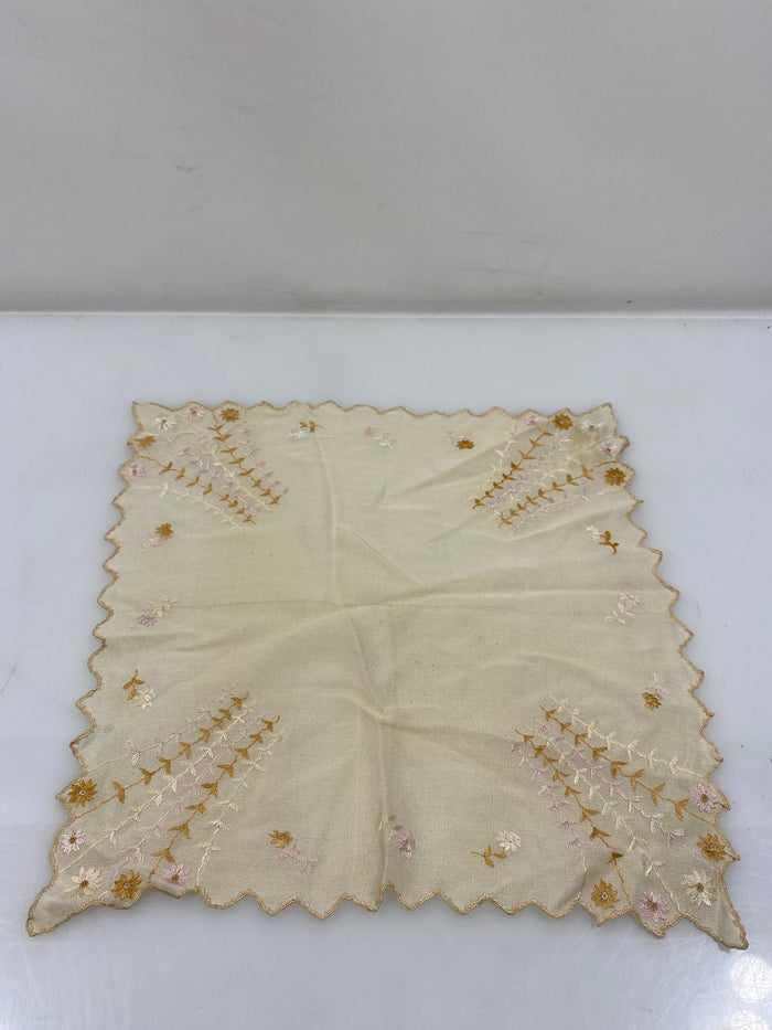 Vintage 1900s Tan Sheer Handkerchief with Floral Embroidery