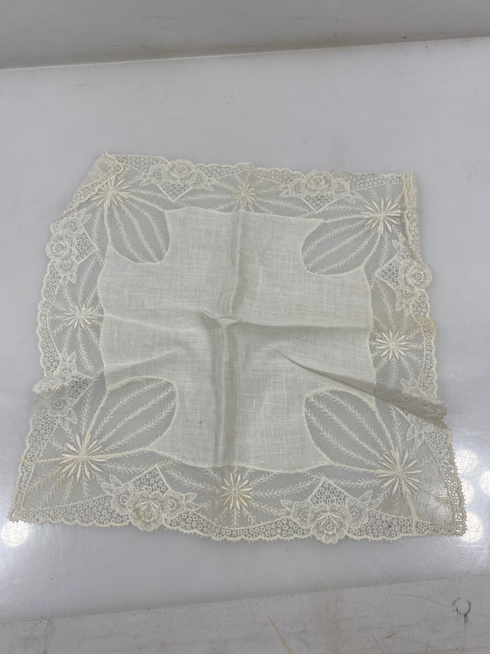 Vintage 1900s White Linen Handkerchief with Intricate Lace Border