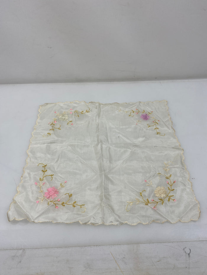 Vintage 1900s White Sheer Handkerchief with Pastel Floral Embroidery