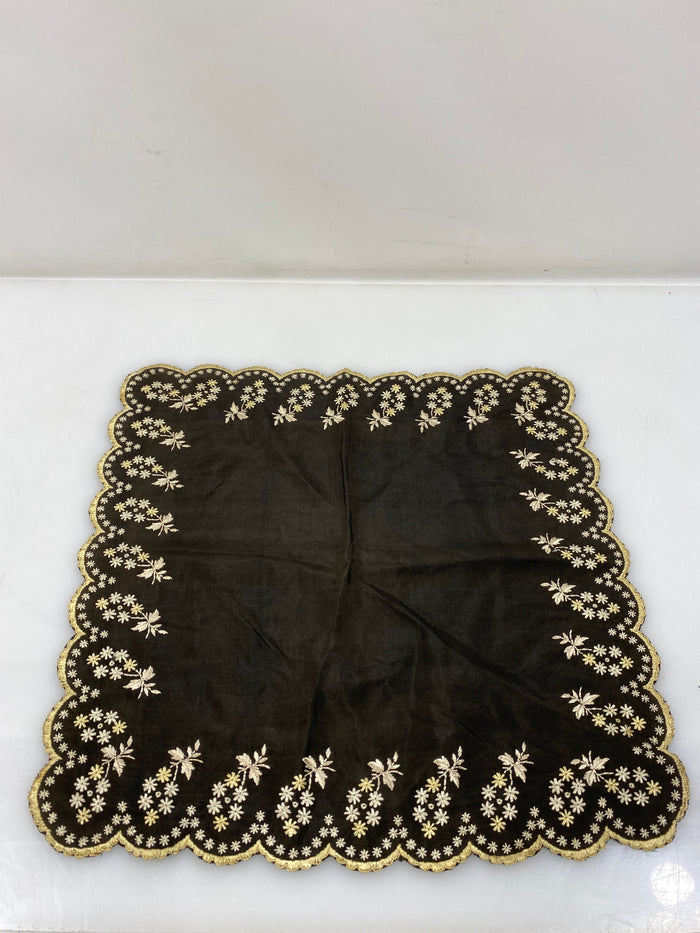 Vintage 1910s Black Silk Handkerchief with Floral Embroidery