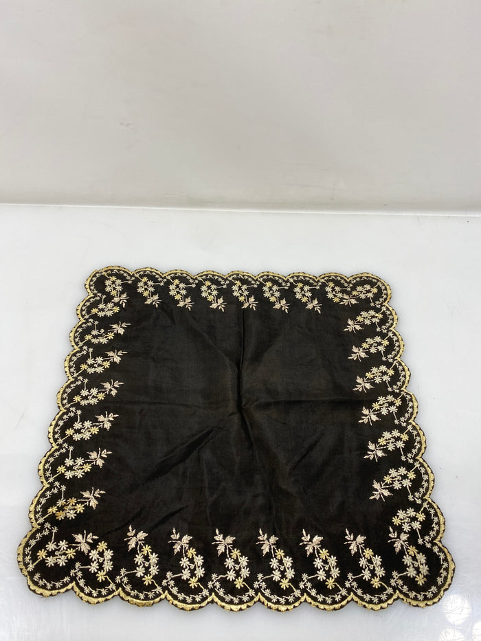 Vintage 1910s Black Silk Handkerchief with Floral Embroidery