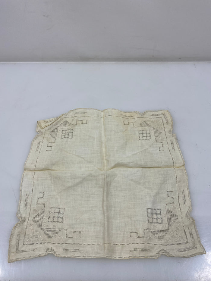 Vintage 1910s Tan Linen Handkerchief with Lace Details