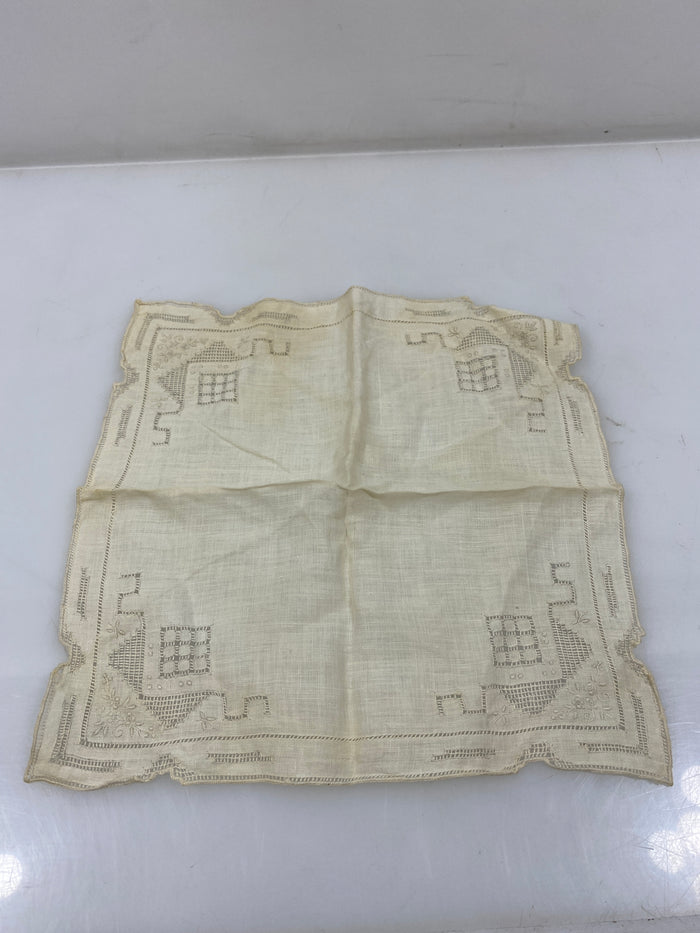 Vintage 1910s Tan Linen Handkerchief with Lace Details