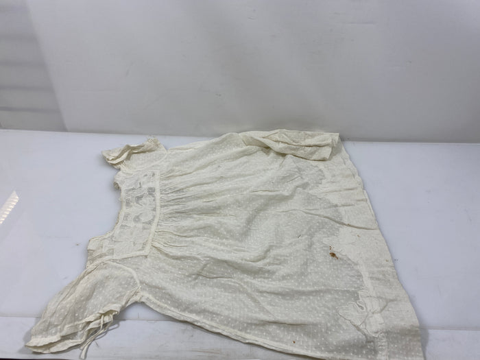 Vintage 1910s White Linen Children's Dress with Polka Dot Pattern and Embroidered Leaf Designs