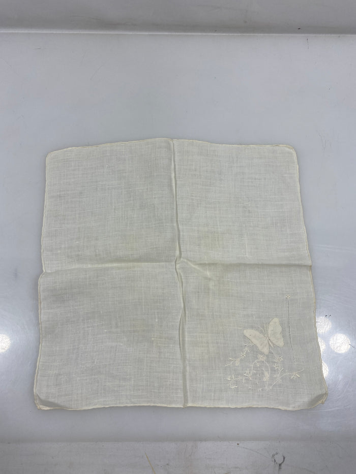 Vintage 1910s White Linen Handkerchief with Embroidered Butterfly Design