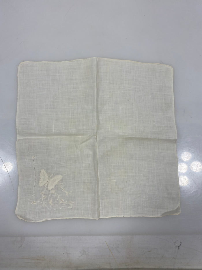 Vintage 1910s White Linen Handkerchief with Embroidered Butterfly Design