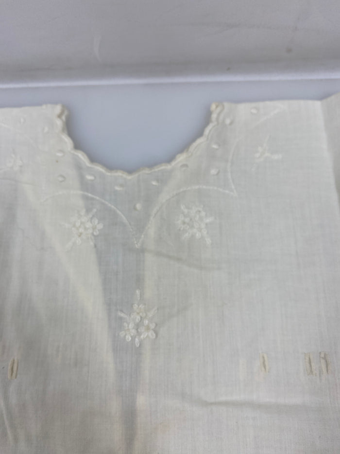 Vintage 1910s White Linen Infant's Dress with Floral Embroidery