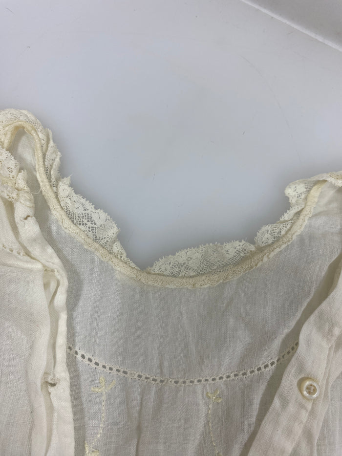 Vintage 1910s White Linen Infant's Dress with Pink and Blue Floral Embroidery