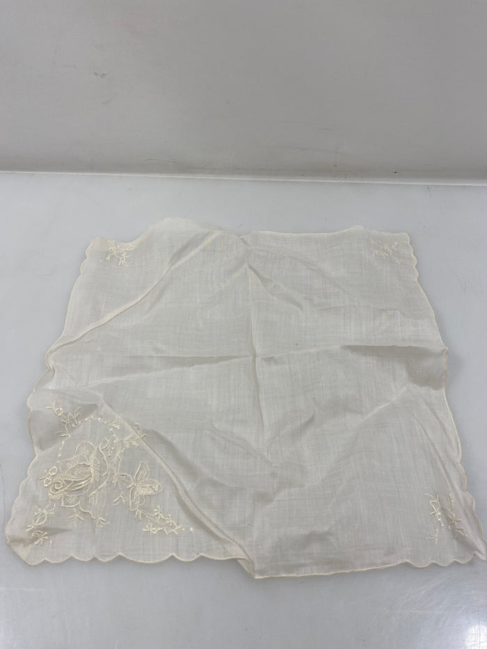 Vintage 1920s Sheer White Handkerchief with Embroidered Flowers