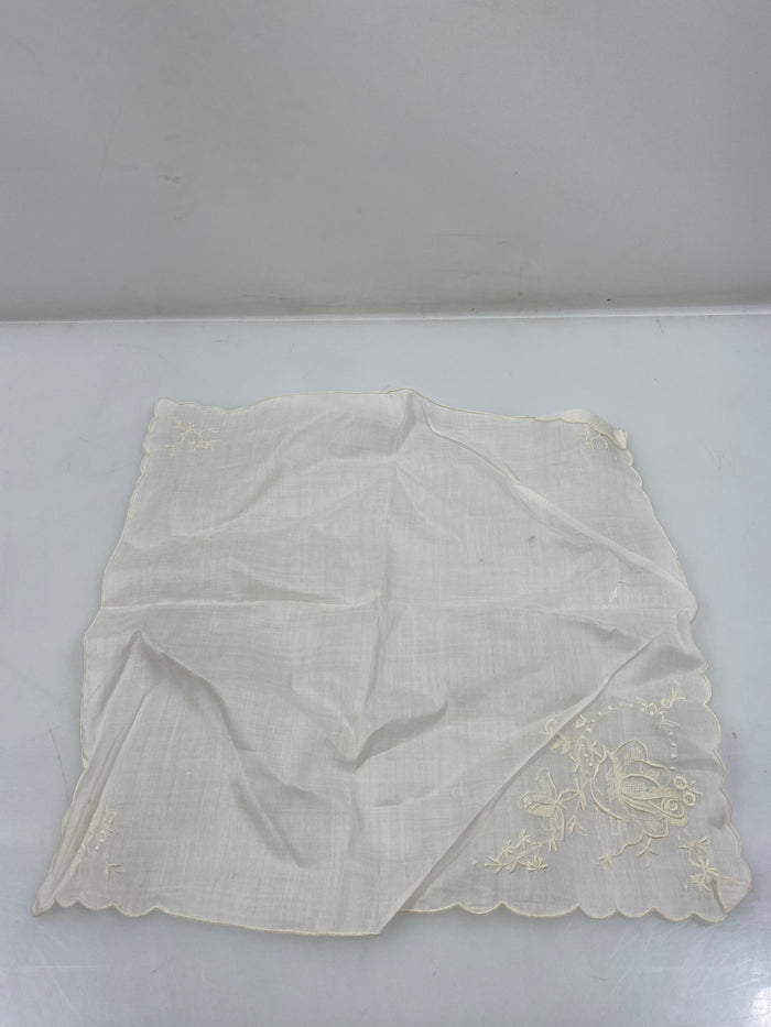 Vintage 1920s Sheer White Handkerchief with Embroidered Flowers