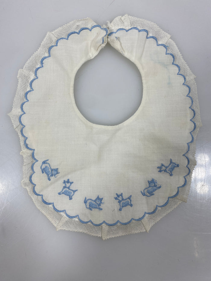 Vintage 1930s White Linen Bib with Embroidered Cats and Dogs