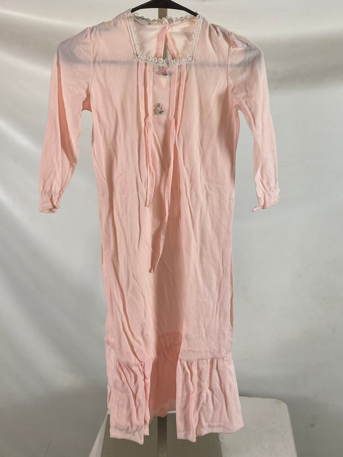 Vintage 1979 "Loungees" Pink Nylon Children's Nightgown with Rose Details Size 8