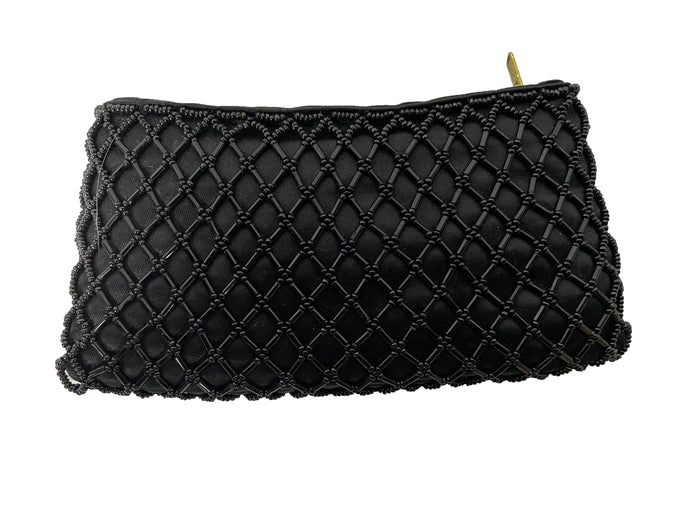 Vintage Black Satin Beaded Coin Purse