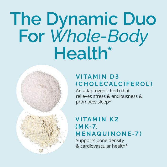 BrainMD Vitamin D3 + K2: raw powders of the two ingredients, brief descriptions against a light blue background