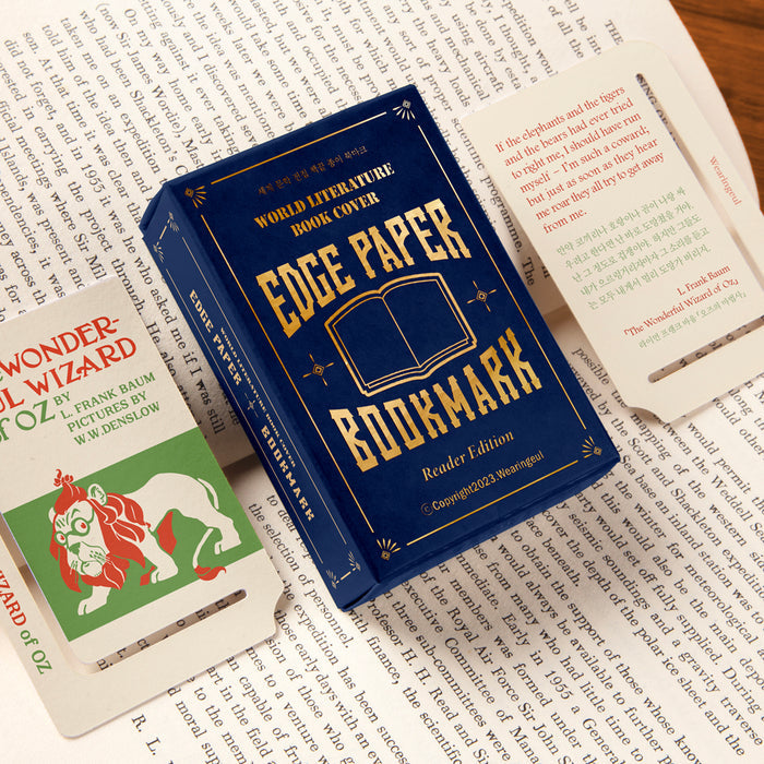 Wearingeul Edge Paper Bookmarks Reader Edition shown in blue book-style packaging on an open book.