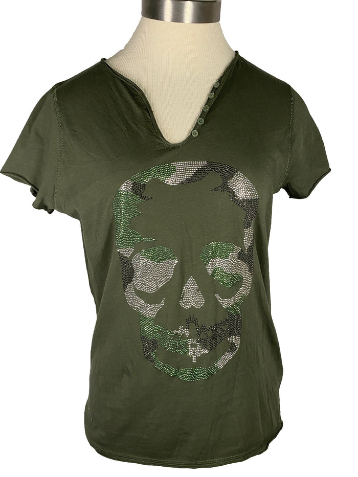 Zadig & Voltaire Dark Green Camouflage Beaded Skull Bouse Women's Size M