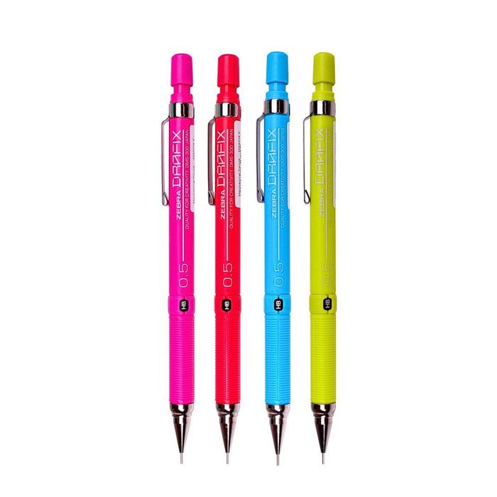 Zebra Drafix Mechanical Pencil 0.5mm Limited Edition collection in pink, red, blue and yellow-green